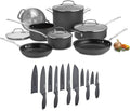 11-Piece Nonstick Hard-Anodized Cookware Set and 12 Piece Ceramic Coated Cutlery Set Matte Black A849463