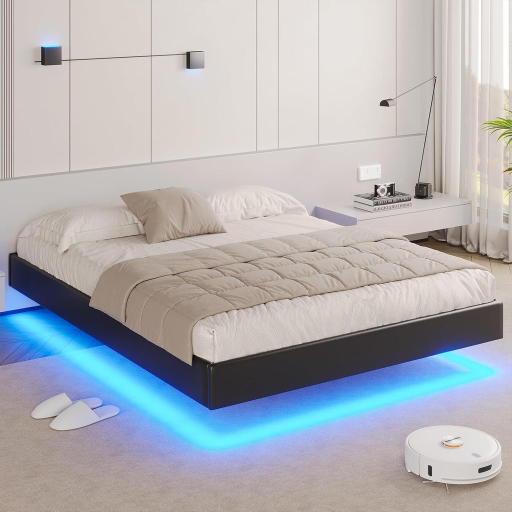 Queen Size Black Faux Leather Upholstered Platform Bed Frame with LED Lights Y6295
