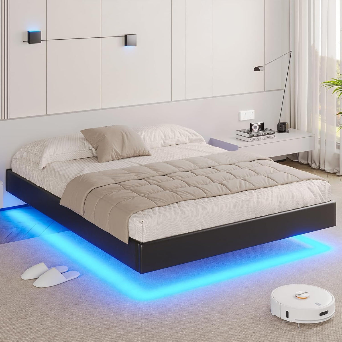 Queen Size Black Faux Leather Upholstered Platform Bed Frame with LED Lights Y6295