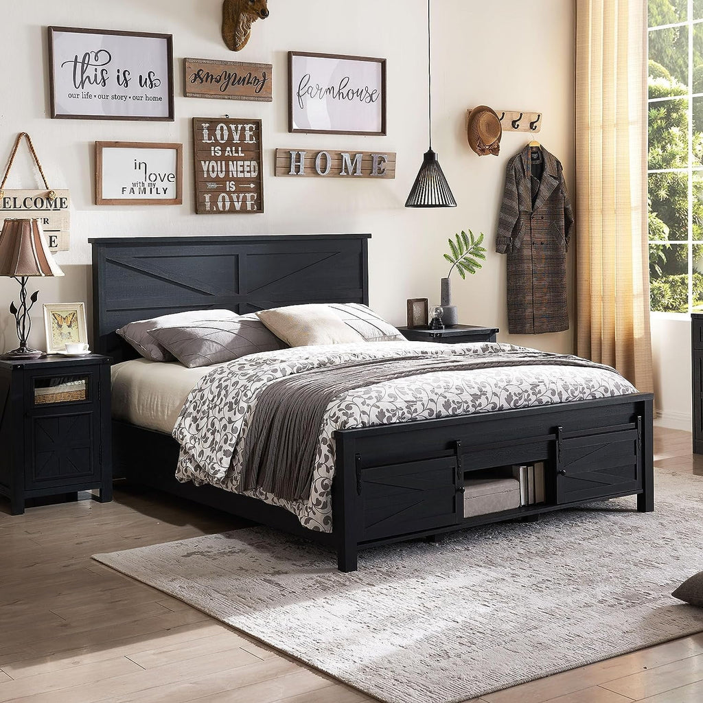 King Bed Frame with Headboard and Storage Cabinets, White R119