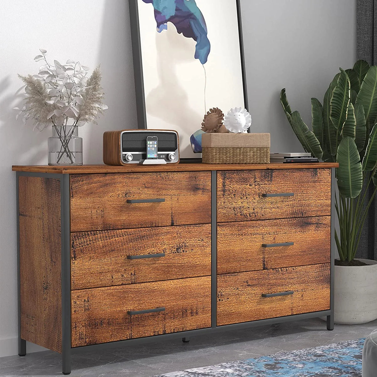 6 Drawer Double Dresser Industrial Wood Storage Dresser O3866