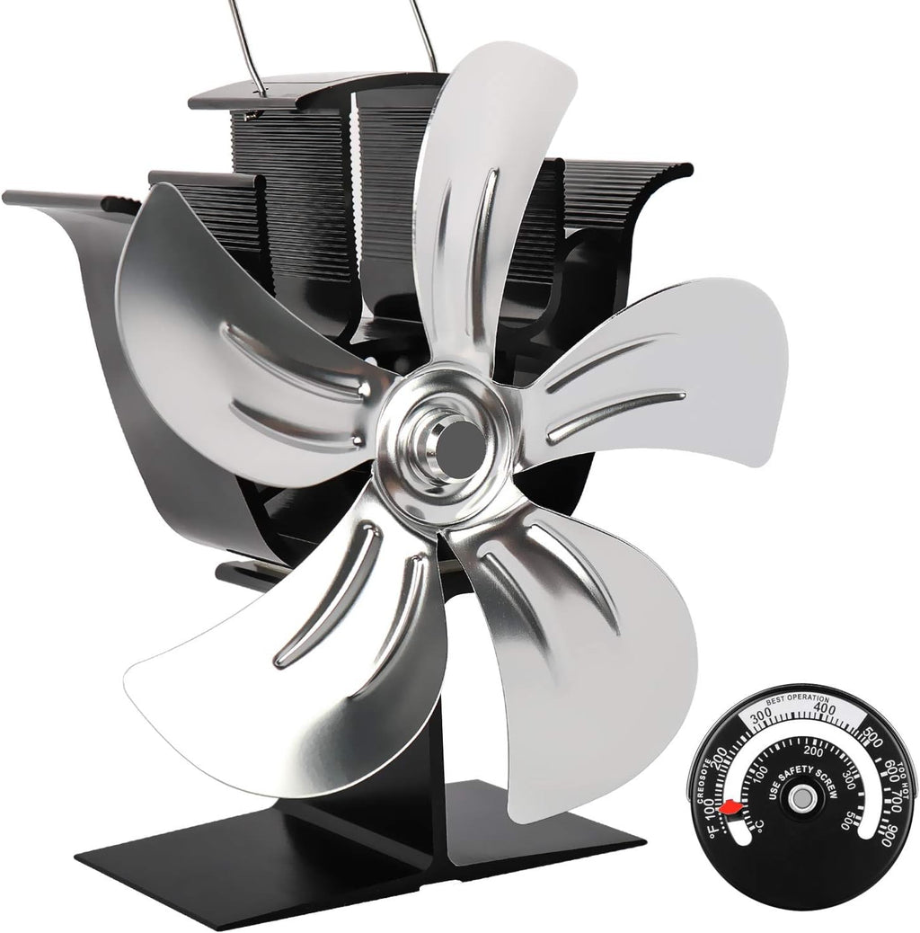 5 Blades Heat Powered Stove Fan with Magnetic Thermometer Aluminium Gold Pack of 2 E284660