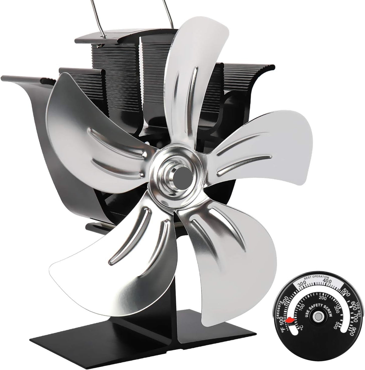 5 Blades Heat Powered Stove Fan with Magnetic Thermometer Aluminium Gold Pack of 2 E284660