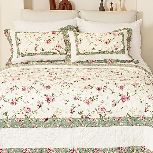 Pink Rose Floral Patchwork Cotton Queen Size Quilted Comforter Set 3-Piece I366743
