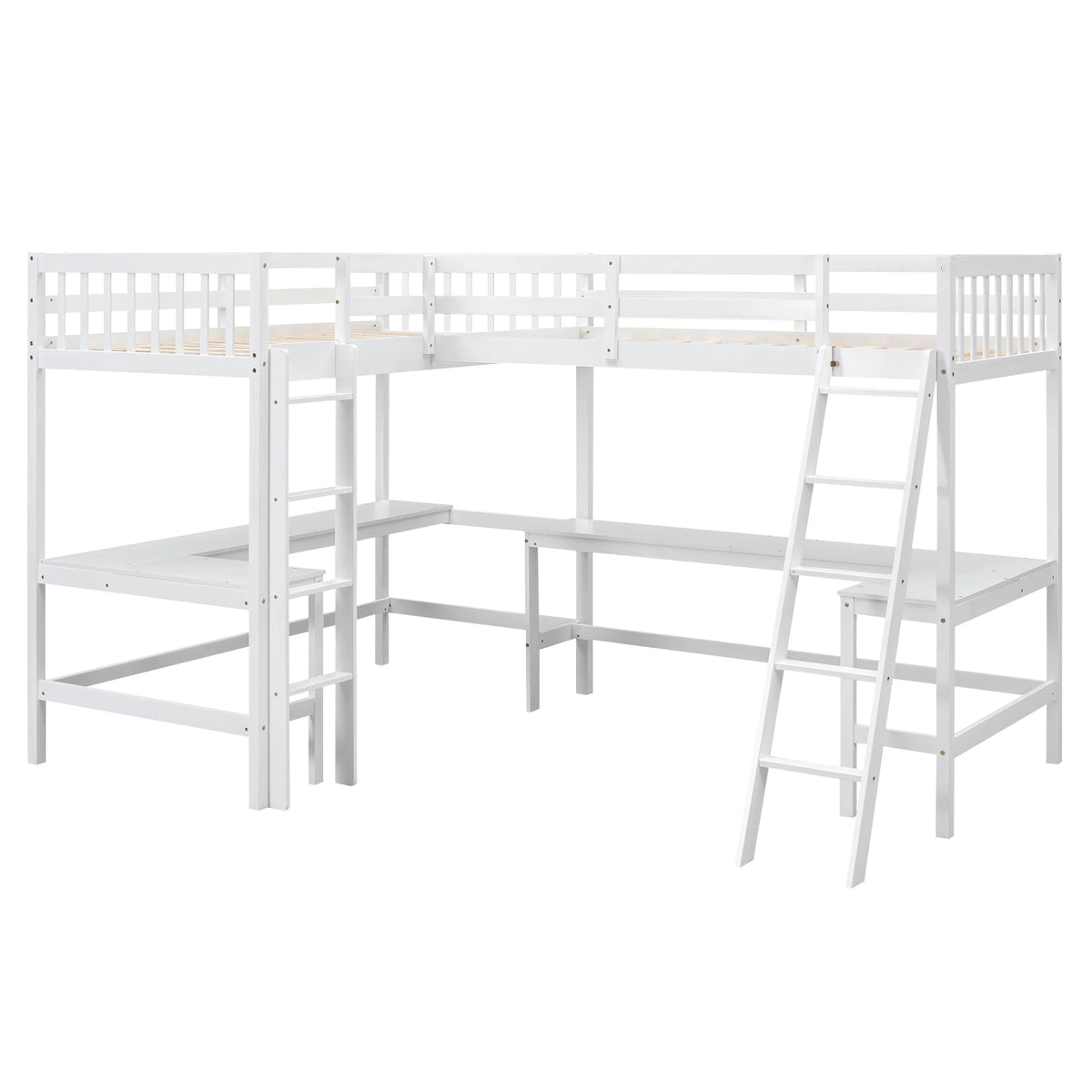 Twin Size White Wood L-Shaped Loft Bed with Built-in Desks P36676