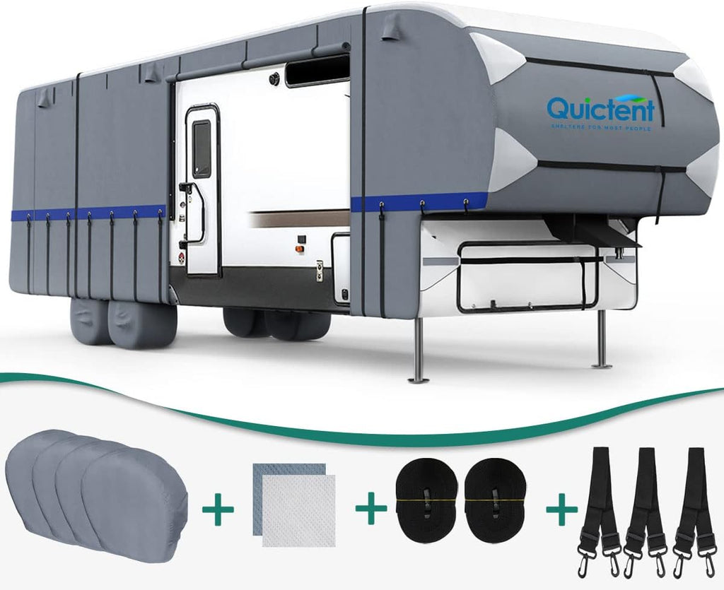 5th Wheel RV Cover, Extra-Thick 6-ply, Fits 37 - 41Ft Motorhome, Waterproof Rip-Stop, with 2 Windproof Straps, 4 Tire Covers J313862
