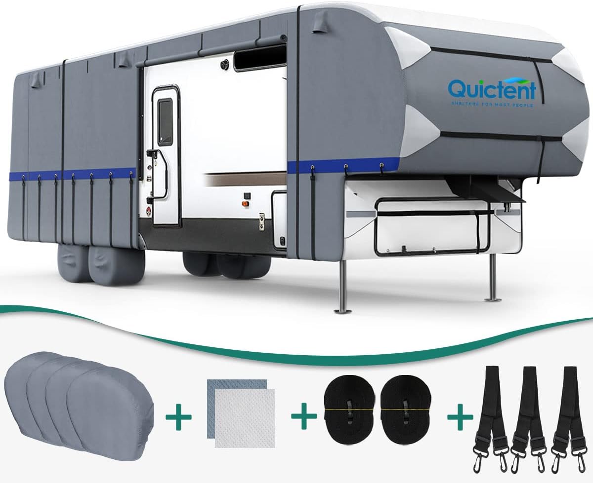 5th Wheel RV Cover, Extra-Thick 6-ply, Fits 37 - 41Ft Motorhome, Waterproof Rip-Stop, with 2 Windproof Straps, 4 Tire Covers J313862