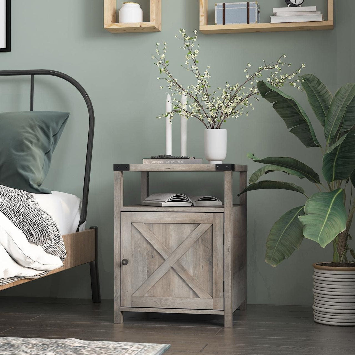 Gray Wood Nightstand with Cabinet and Shelf J56366