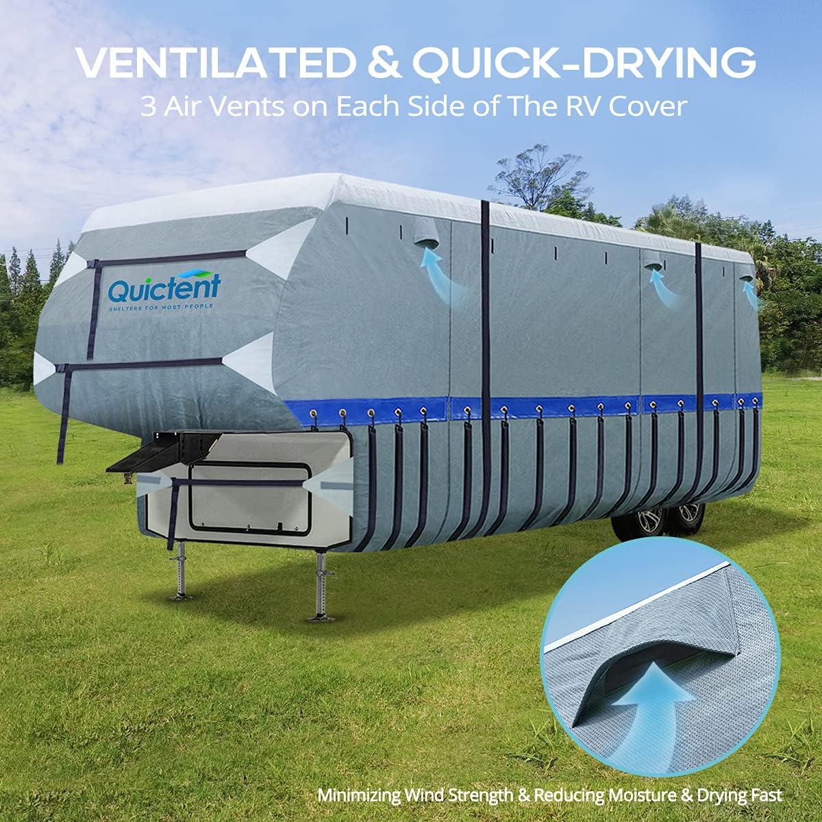 5th Wheel RV Cover, Extra-Thick 6-ply, Fits 37 - 41Ft Motorhome, Waterproof Rip-Stop, with 2 Windproof Straps, 4 Tire Covers J313862