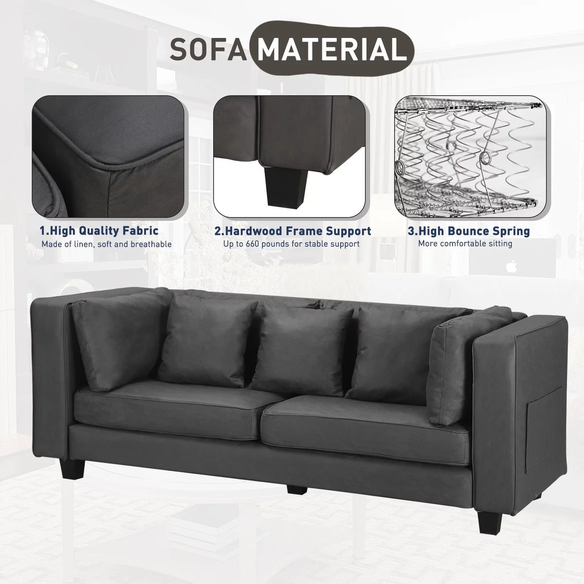 Grey Faux Leather Sofa with 5 Pillows W9342