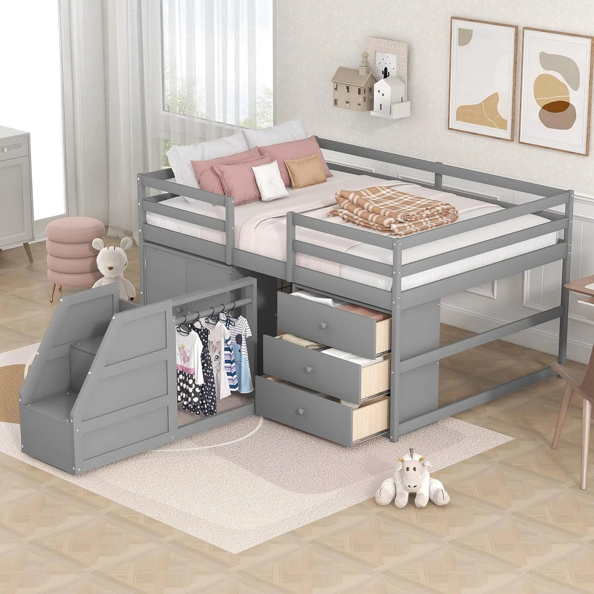 Full Size Solid Wood Bed Frame with Staircase and Drawers Grey D710661