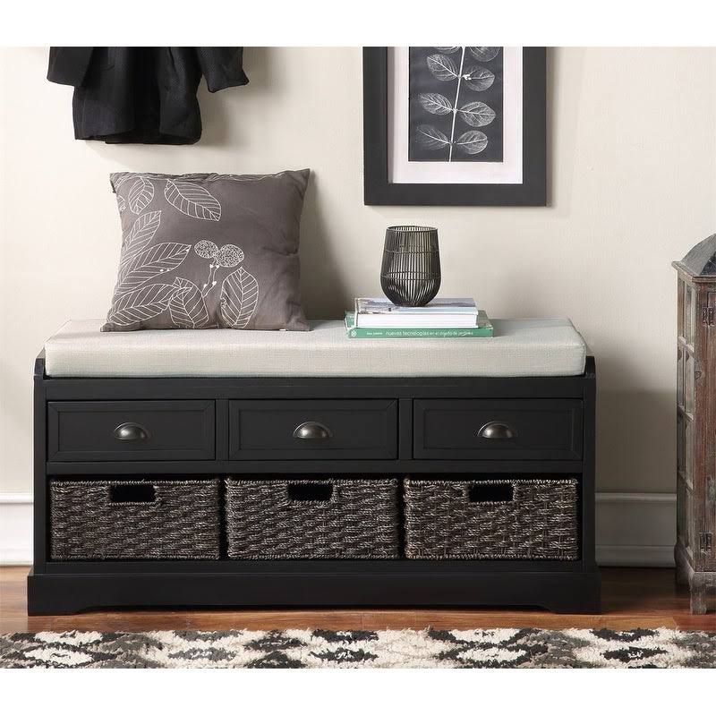 White Wood Storage Bench with 3 Drawers and 3 Baskets E56906