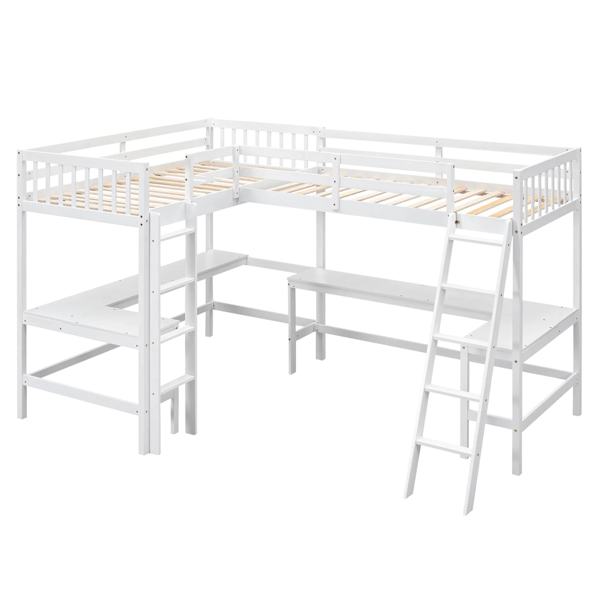 Twin Size White Wood L-Shaped Loft Bed with Built-in Desks P36676