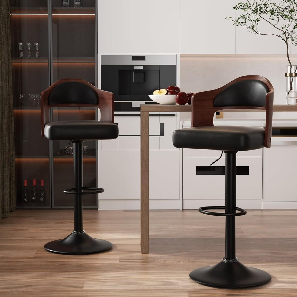 Wooden PU Leather Bar Chairs Set of 2 with Back & Footrest C814
