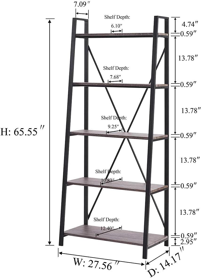 Industrial 5 Tier Ladder Bookshelf (Dark Gray Oak) J53398