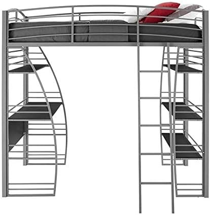 Gray Metal Frame Twin Loft Bed with Desk and Bookcase Y8855