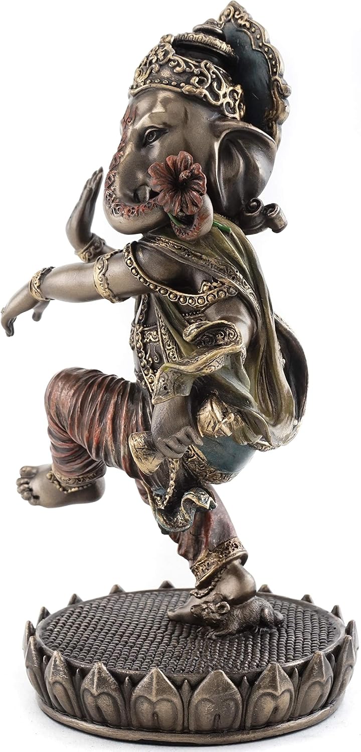 Dancing Ganesh on Lotus Pedestal Statue, Cold Cast Bronze, 8-Inch Elephant Figurine Q3861