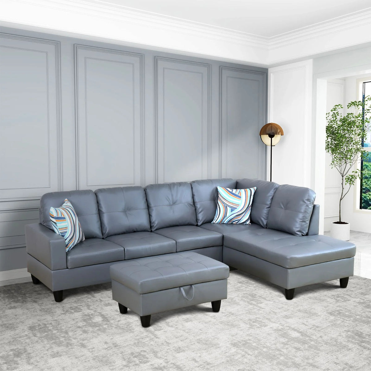 L-Shaped 3-Piece Sectional Sofa Couch, Dark Grey F428061