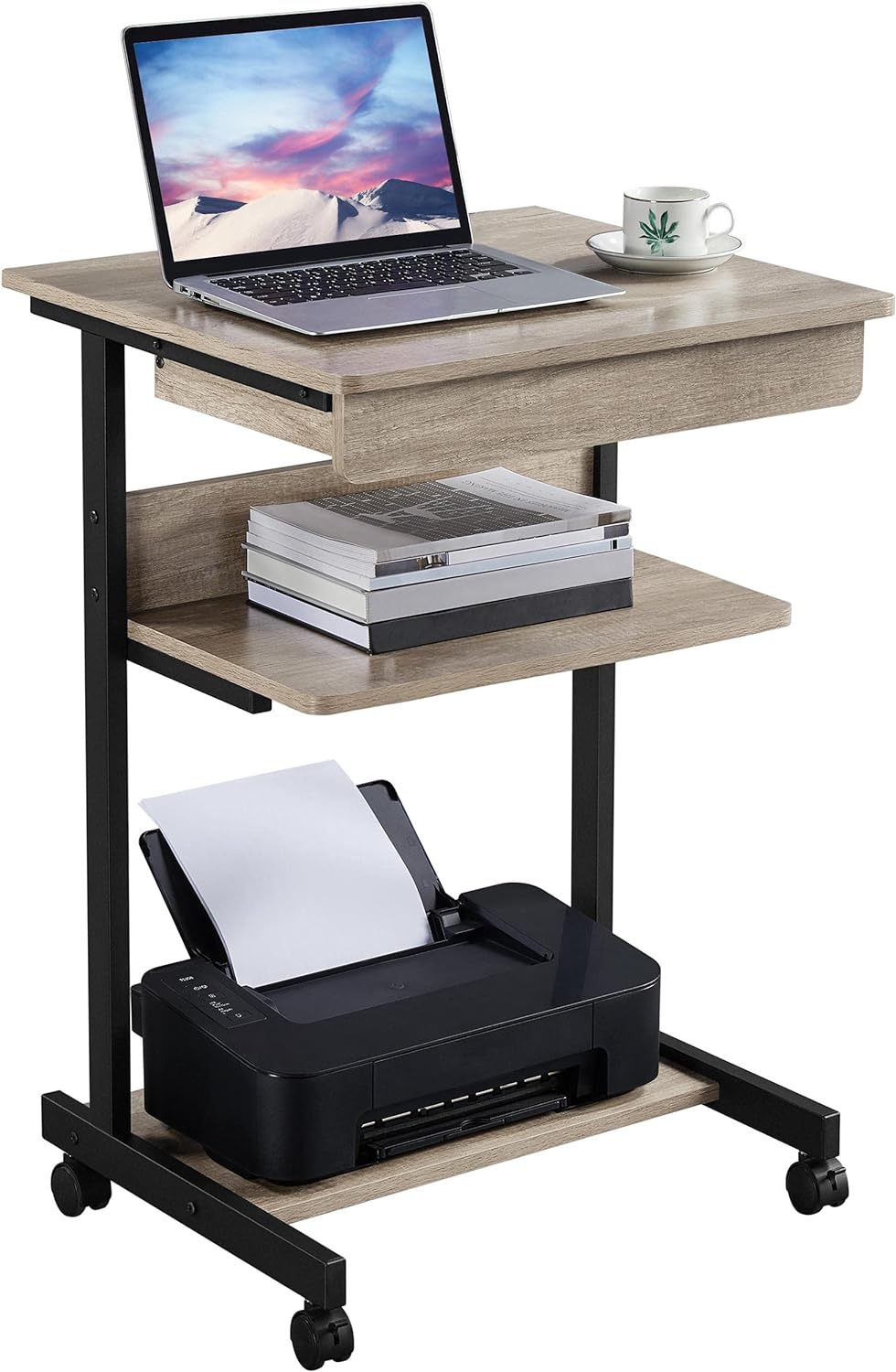 Mobile Compact Computer Desk Cart with Drawers and Printer Shelf on Wheels Z33846