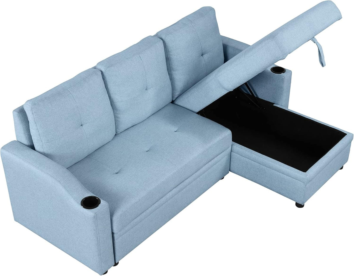 Blue Linen Fabric L-Shape Convertible Sleeper Sofa with Pull-Out Bed T837544