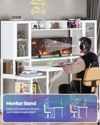 Black Gaming Desk with LED Lights, Hutch and Storage Shelves S21781