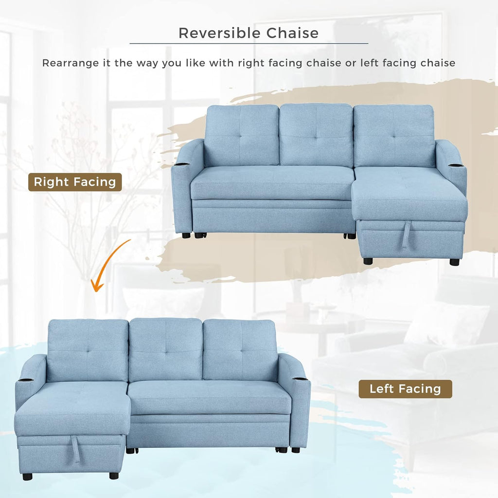 Blue Linen Fabric L-Shape Convertible Sleeper Sofa with Pull-Out Bed T837544