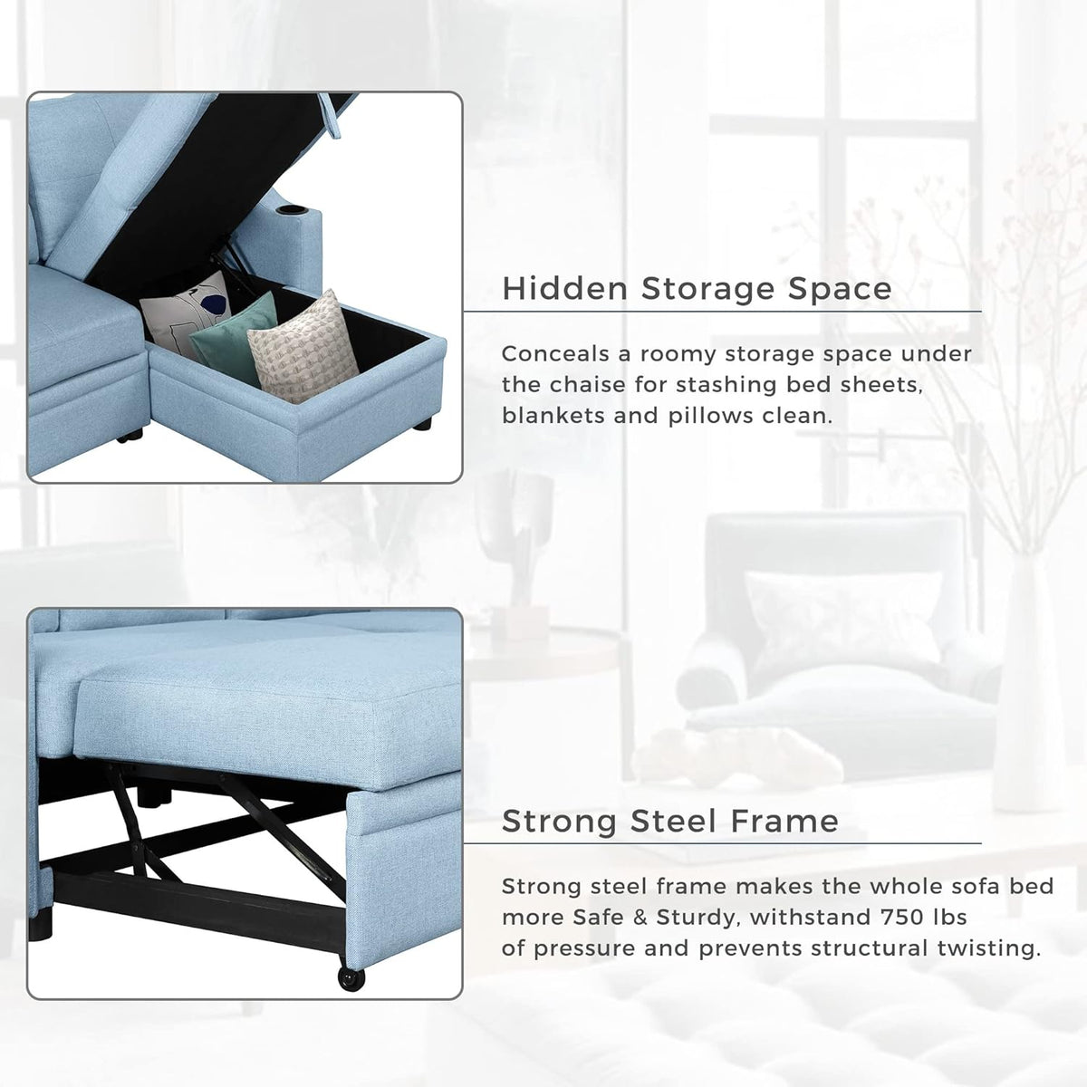 Blue Linen Fabric L-Shape Convertible Sleeper Sofa with Pull-Out Bed T837544
