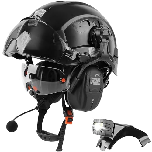 5 in 1 Vented Hard Hat Safety Helmet with Visor Bluetooth Ear Muffs and Headlamp R901082
