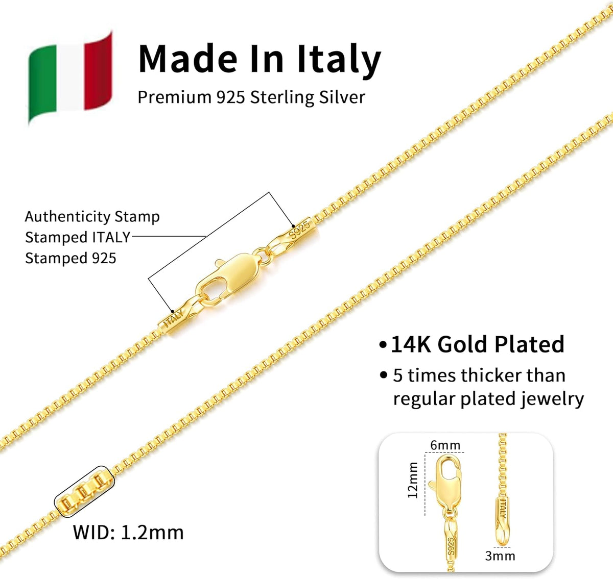 Solid 14K Gold Over 925 Sterling Silver Chain Necklace W726