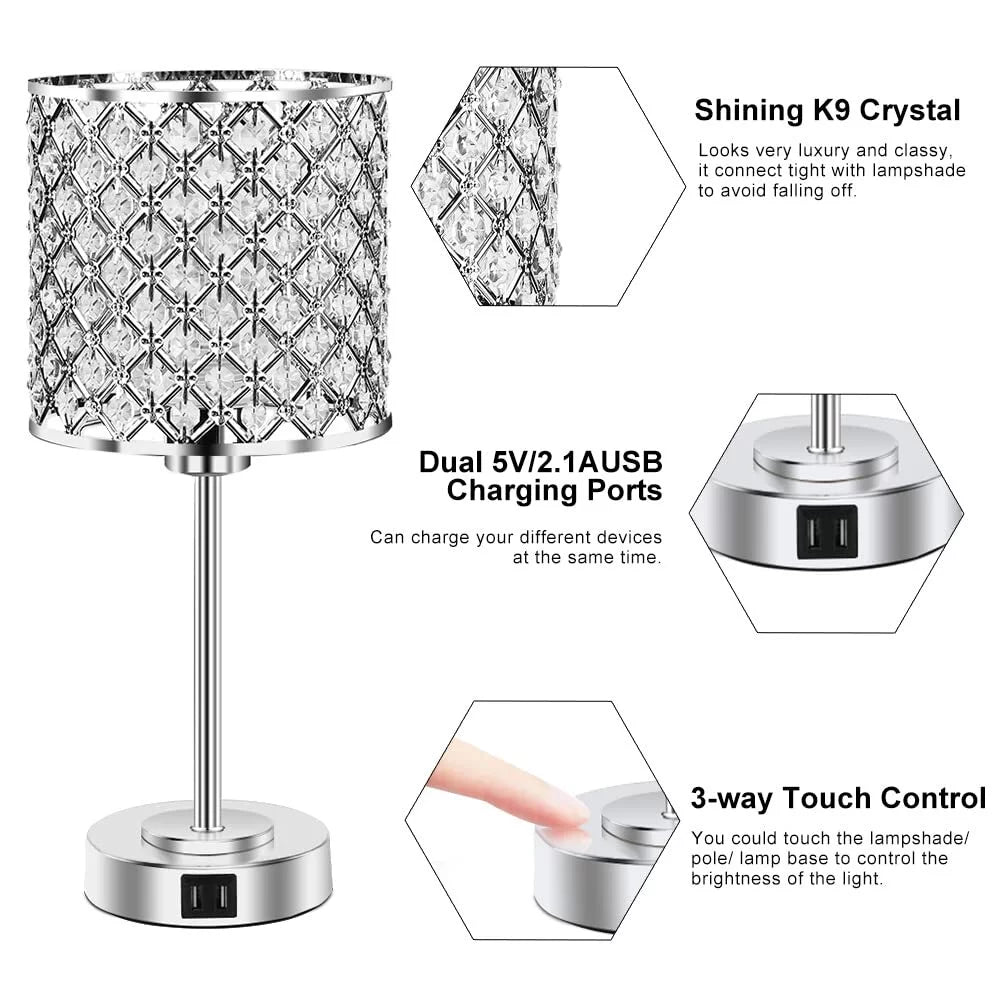 Crystal Table Lamp Set of 2 with 2 USB Charging Ports Y2033