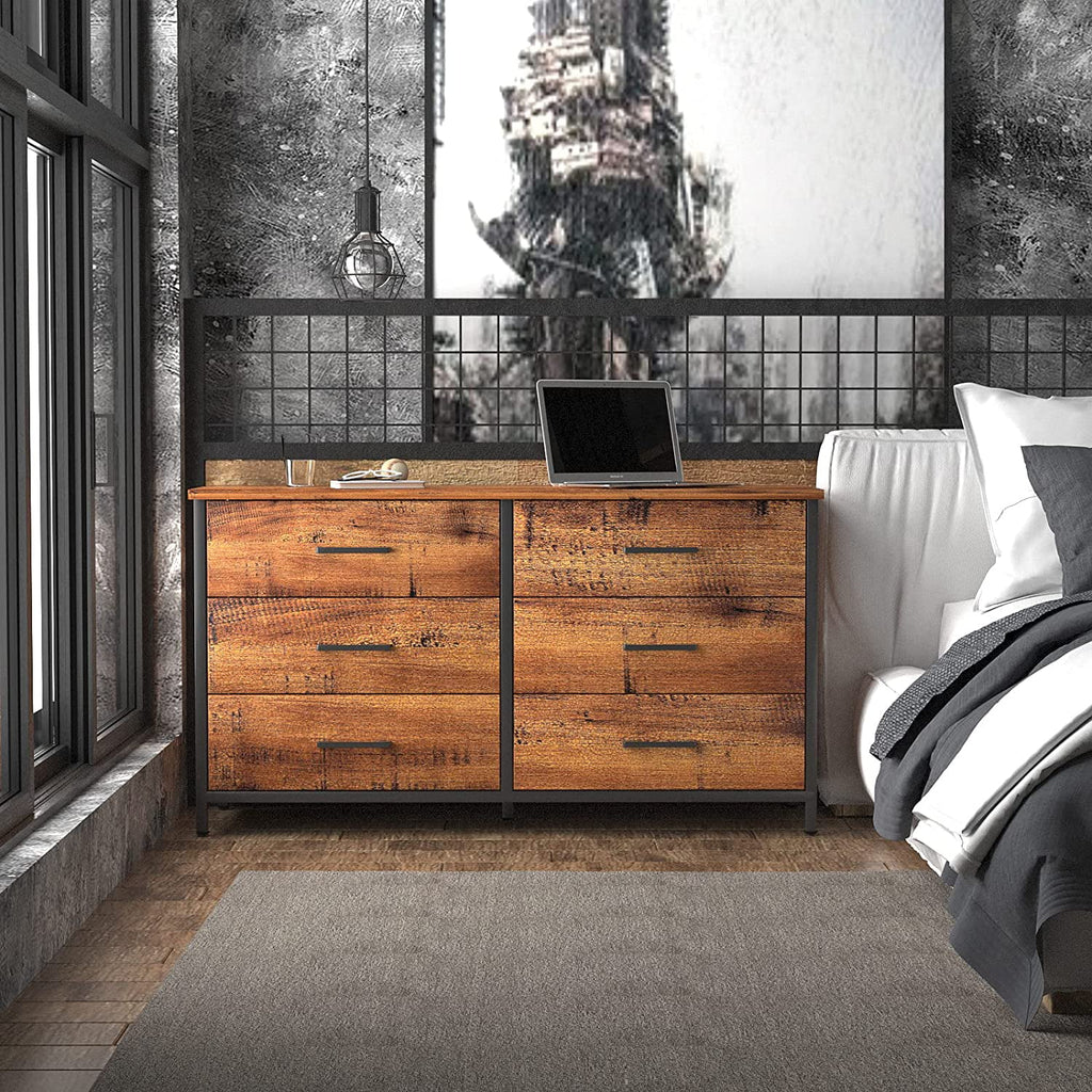 6 Drawer Double Dresser Industrial Wood Storage Dresser O3866
