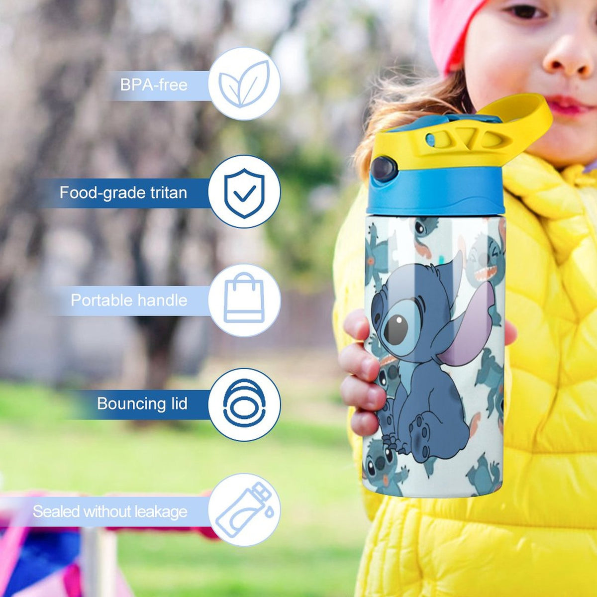 Blue-Stitch-Kawaii Children's Water Bottle Vacuum Insulated Stainless Steel Cup With Straw D5491