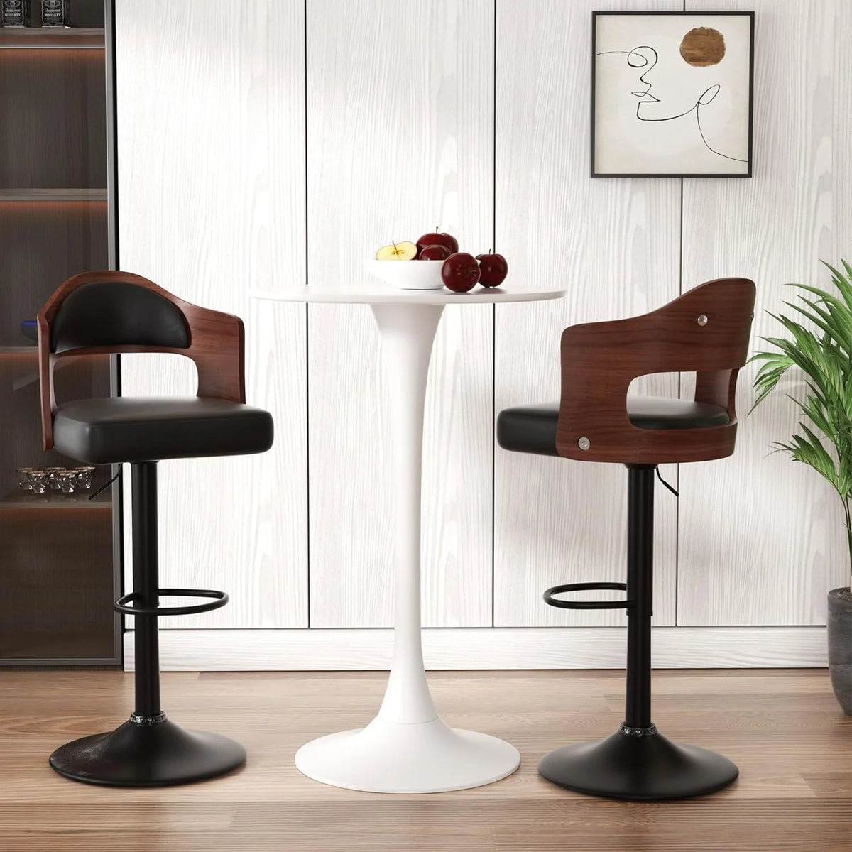Wooden PU Leather Bar Chairs Set of 2 with Back & Footrest C814