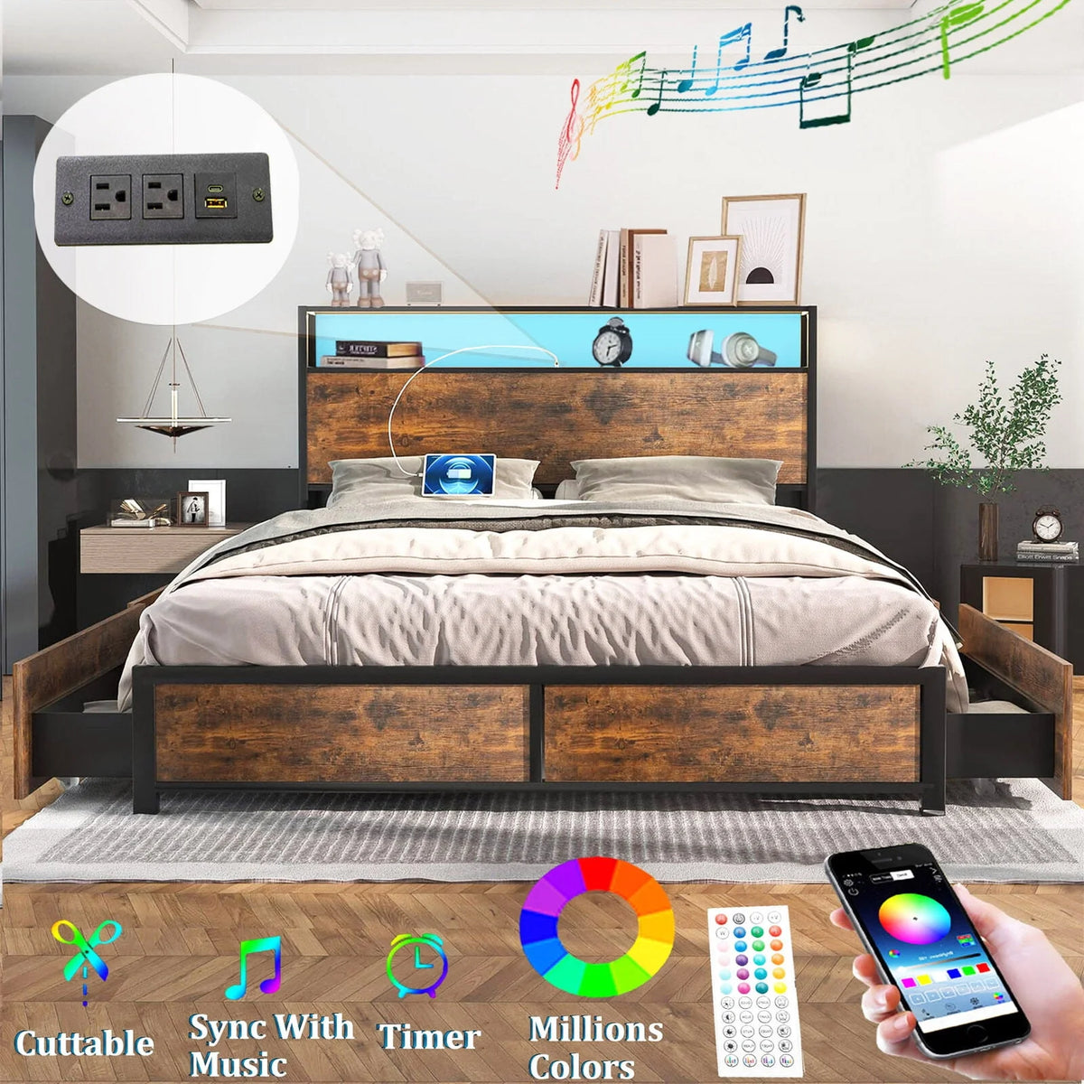 Full LED Bed Frame with Storage Headboard 4 Drawers K66433