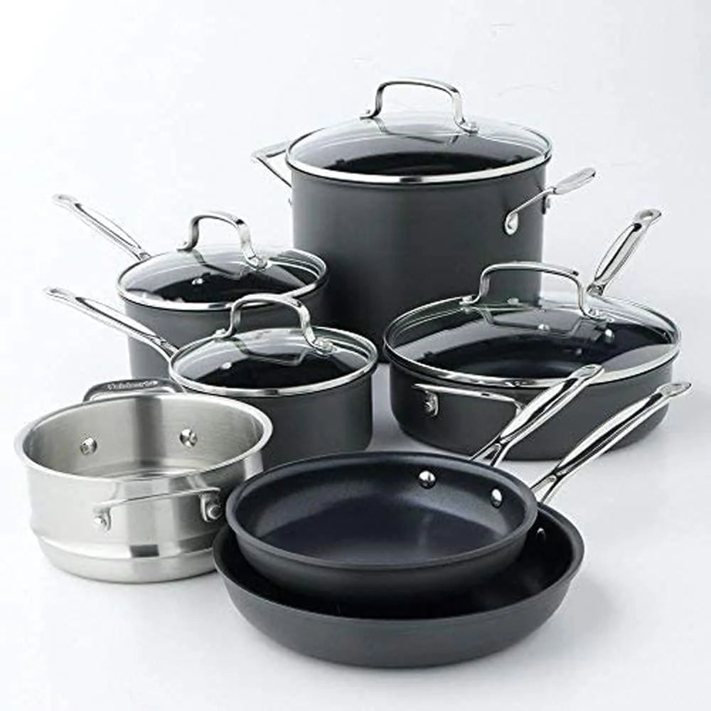 11-Piece Nonstick Hard-Anodized Cookware Set and 12 Piece Ceramic Coated Cutlery Set Matte Black A849463
