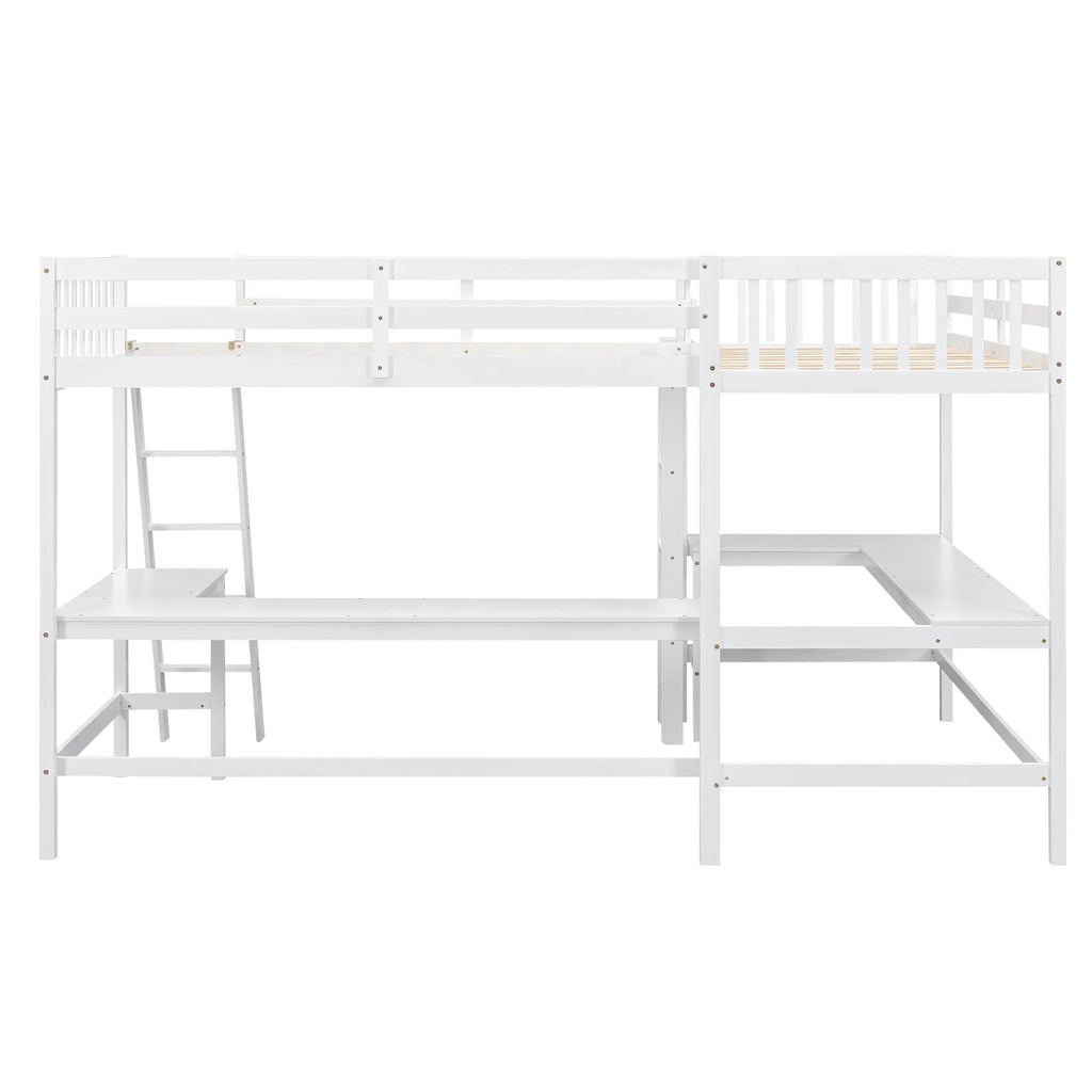 Twin Size White Wood L-Shaped Loft Bed with Built-in Desks P36676