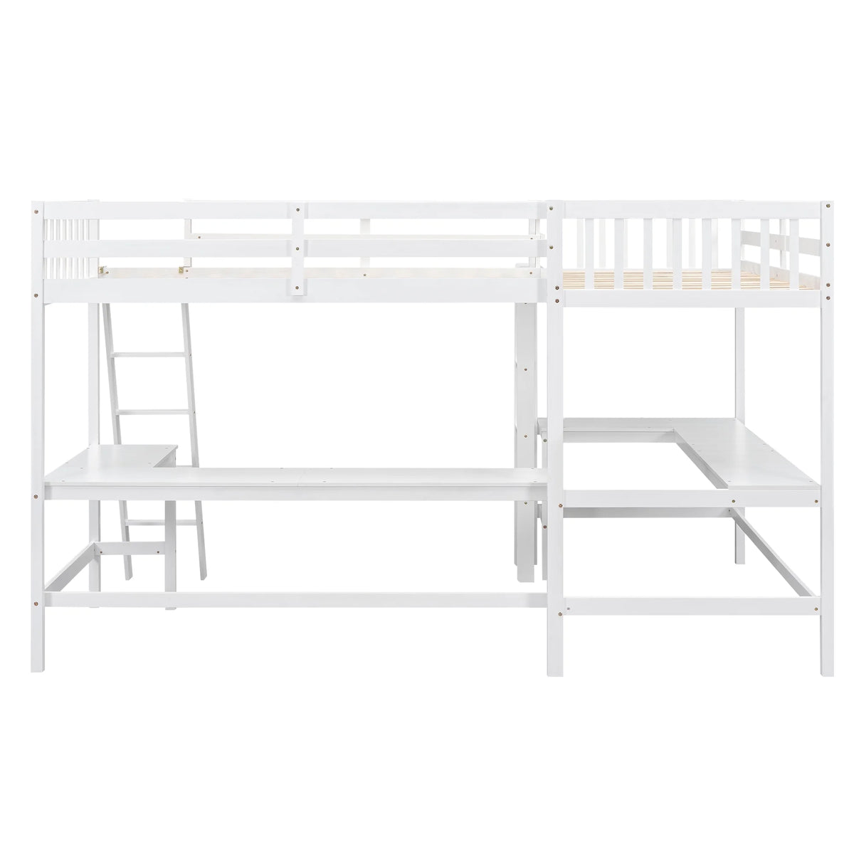 Twin Size White Wood L-Shaped Loft Bed with Built-in Desks P36676