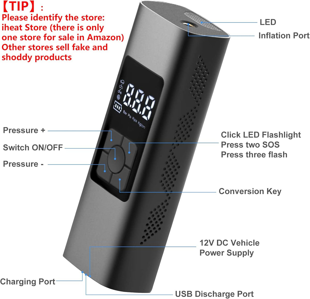Portable Air Compressor Tire Inflator 6000mAh 150 PSI with Power Bank LED Light P951706