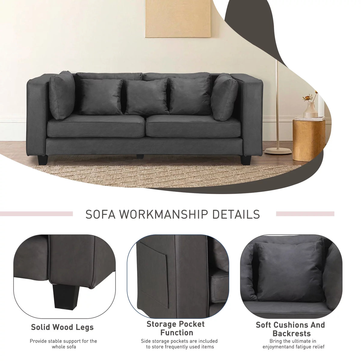 Grey Faux Leather Sofa with 5 Pillows W9342