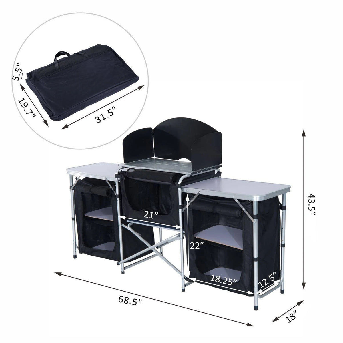 Black and Silver Folding Camping Kitchen Cabinet Picnic Table F361344