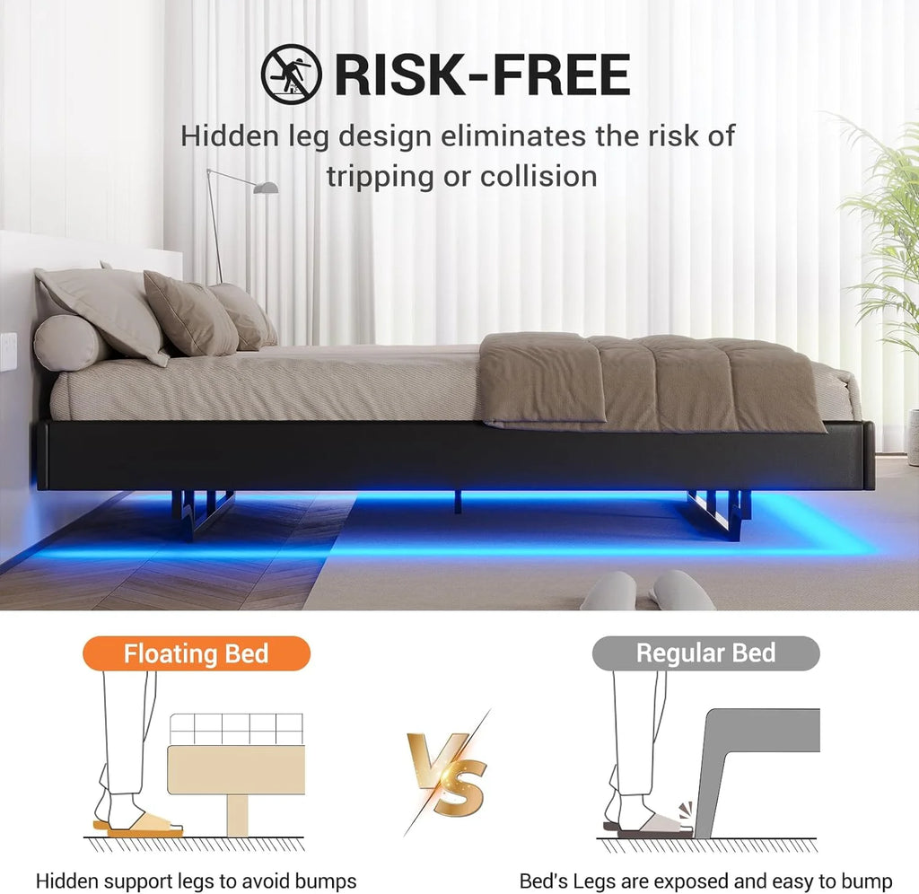 Queen Size Black Faux Leather Upholstered Platform Bed Frame with LED Lights Y6295