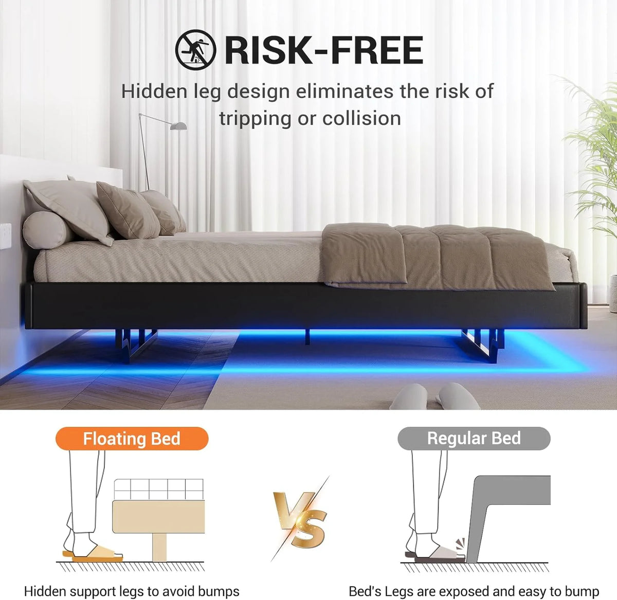 Queen Size Black Faux Leather Upholstered Platform Bed Frame with LED Lights Y6295