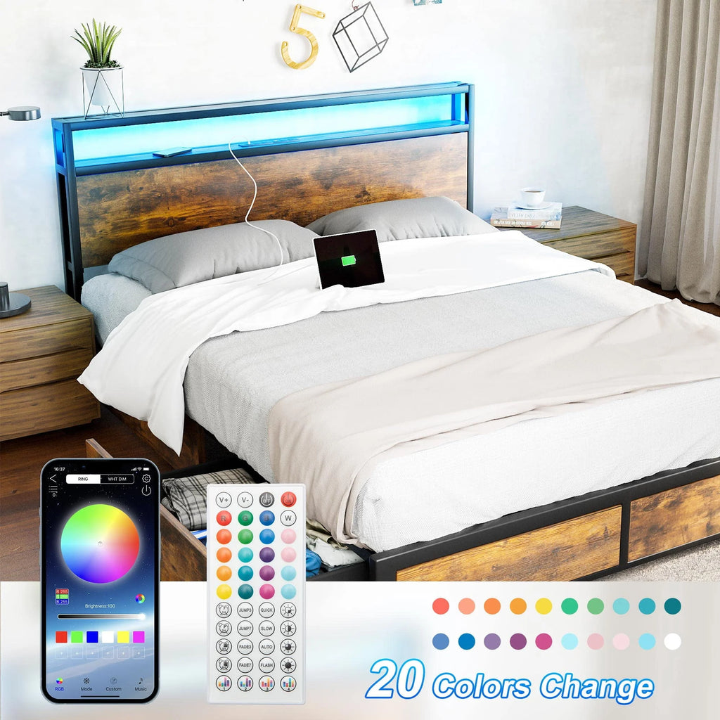 Full LED Bed Frame with Storage Headboard 4 Drawers K66433