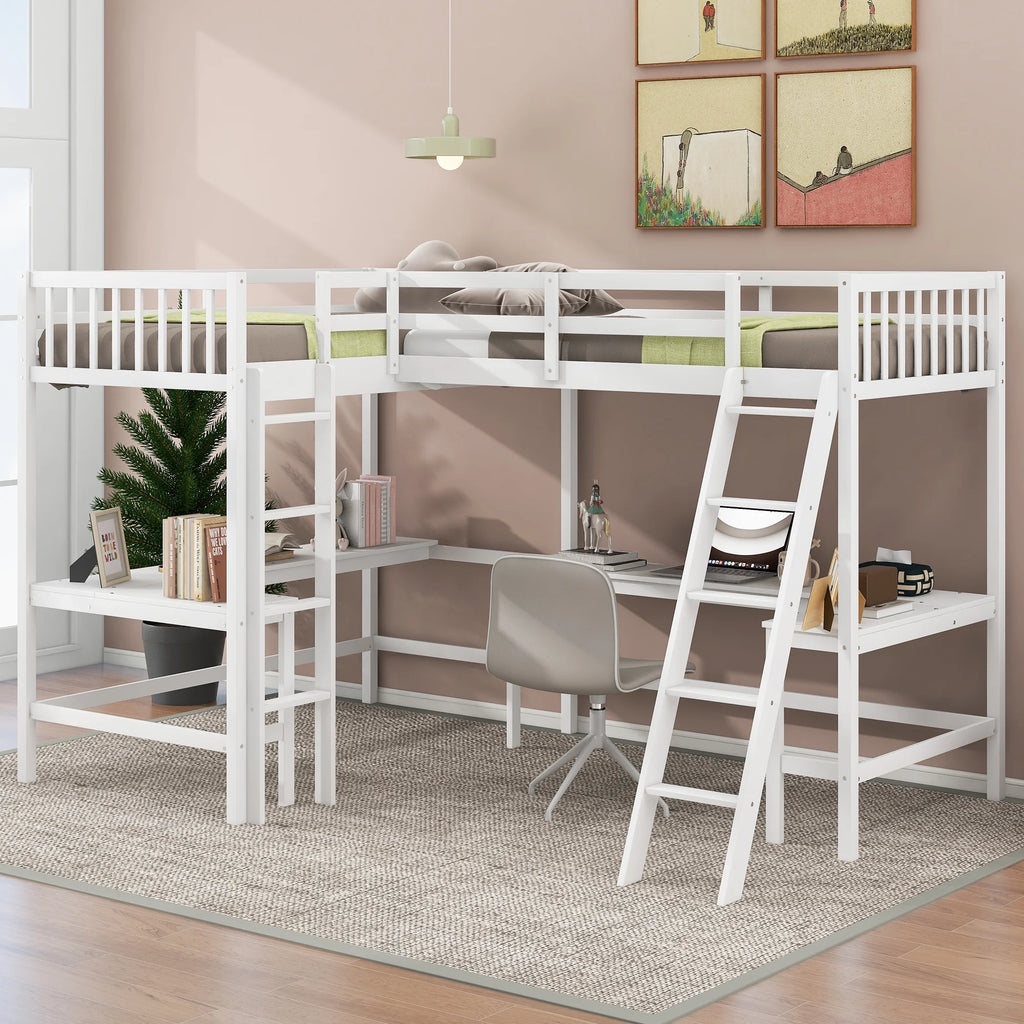 Twin Size White Wood L-Shaped Loft Bed with Built-in Desks P36676