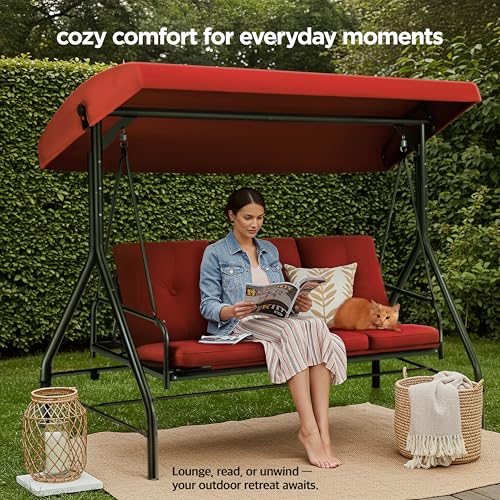 Burgundy 3-Seat Patio Outdoor Swing with Canopy D4153
