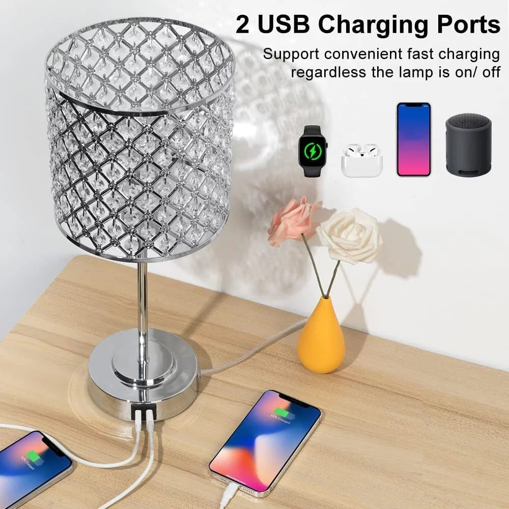 Crystal Table Lamp Set of 2 with 2 USB Charging Ports Y2033