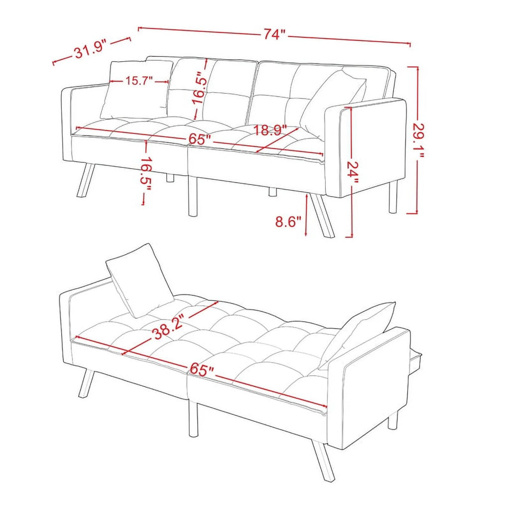 74 Inch Velvet Tufted Futon Sofa Bed with Metal Legs Y164848