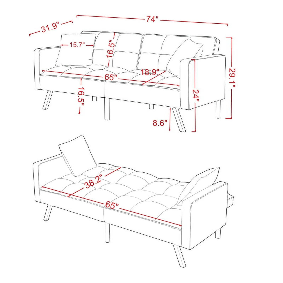 74 Inch Velvet Tufted Futon Sofa Bed with Metal Legs Y164848