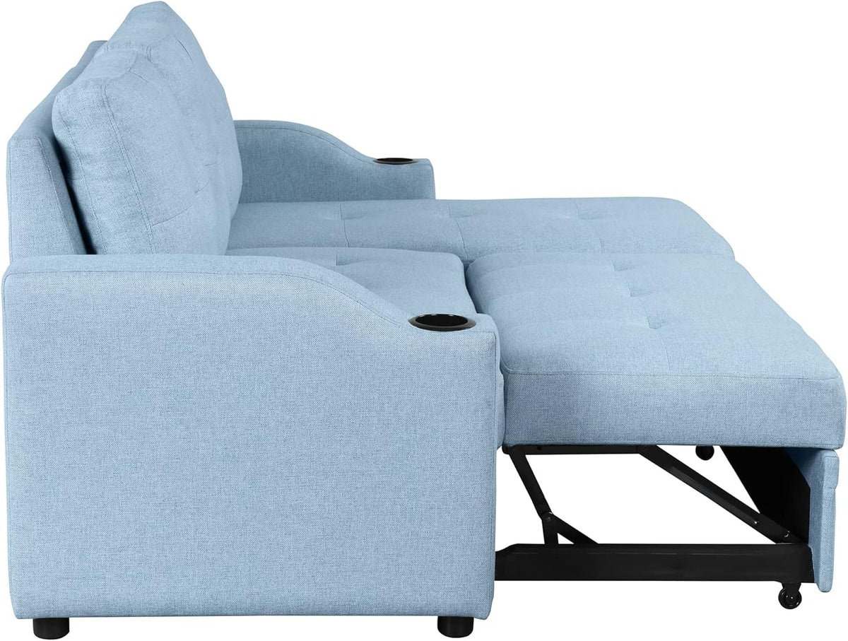 Blue Linen Fabric L-Shape Convertible Sleeper Sofa with Pull-Out Bed T837544