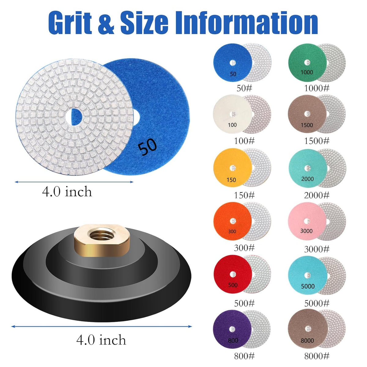 12+1 Pack 4 Inch Diamond Polishing Pads Wet/Dry (50-8000 Grit) Q39305